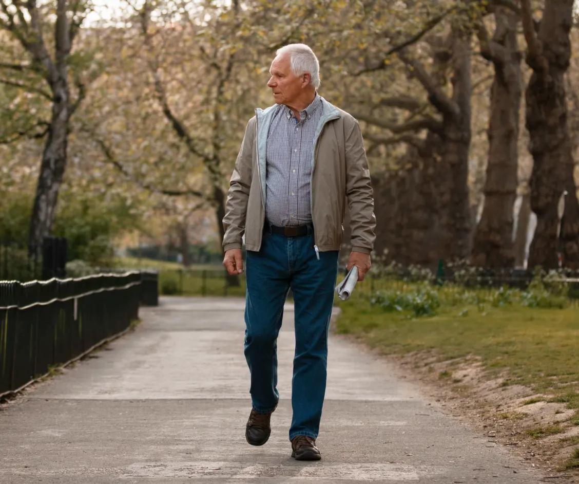 Vista frontal de un adulto mayor caminando por un sendero arbolado con expresión de búsqueda y mirada desorientada. Ilustra la importancia de la teleasistencia de Durcal para mantener la autonomía de quienes viven solos.