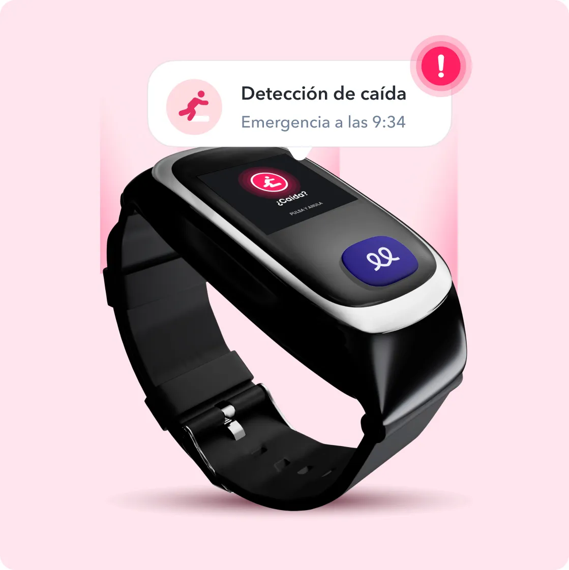 Representación gráfica de la función de detección de caídas del reloj Durcal. Se muestra un primer plano del reloj inteligente negro con una burbuja de notificación que confirma la activación automática de una alerta de emergencia tras detectar un impacto.