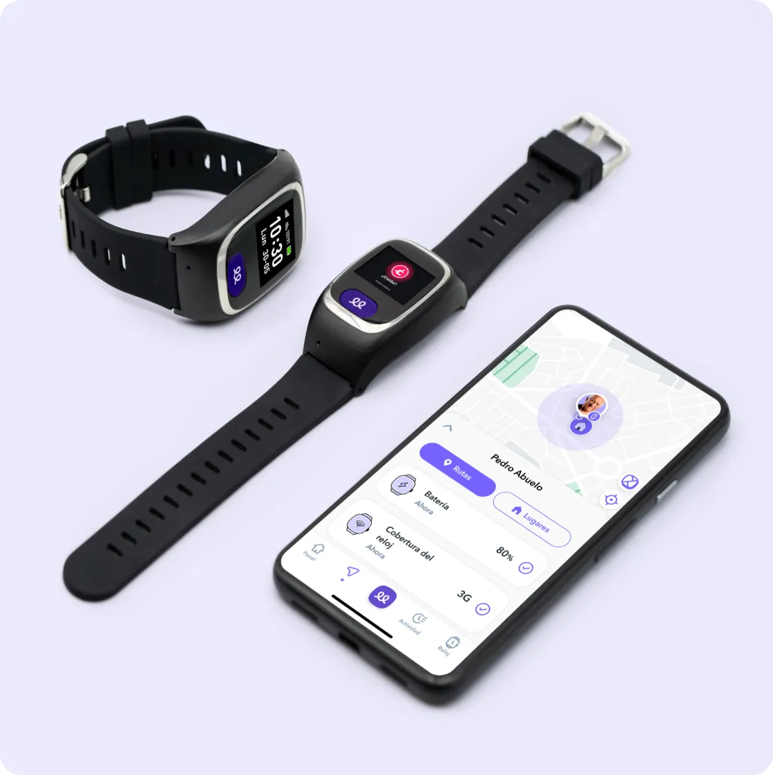 Vista aérea de dos relojes inteligentes Durcal en color negro, uno cerrado y otro con la correa extendida, junto a un teléfono móvil que muestra la aplicación de seguimiento. La app presenta un mapa con la ubicación GPS del usuario y un menú de salud con indicadores de batería y estado de conexión.