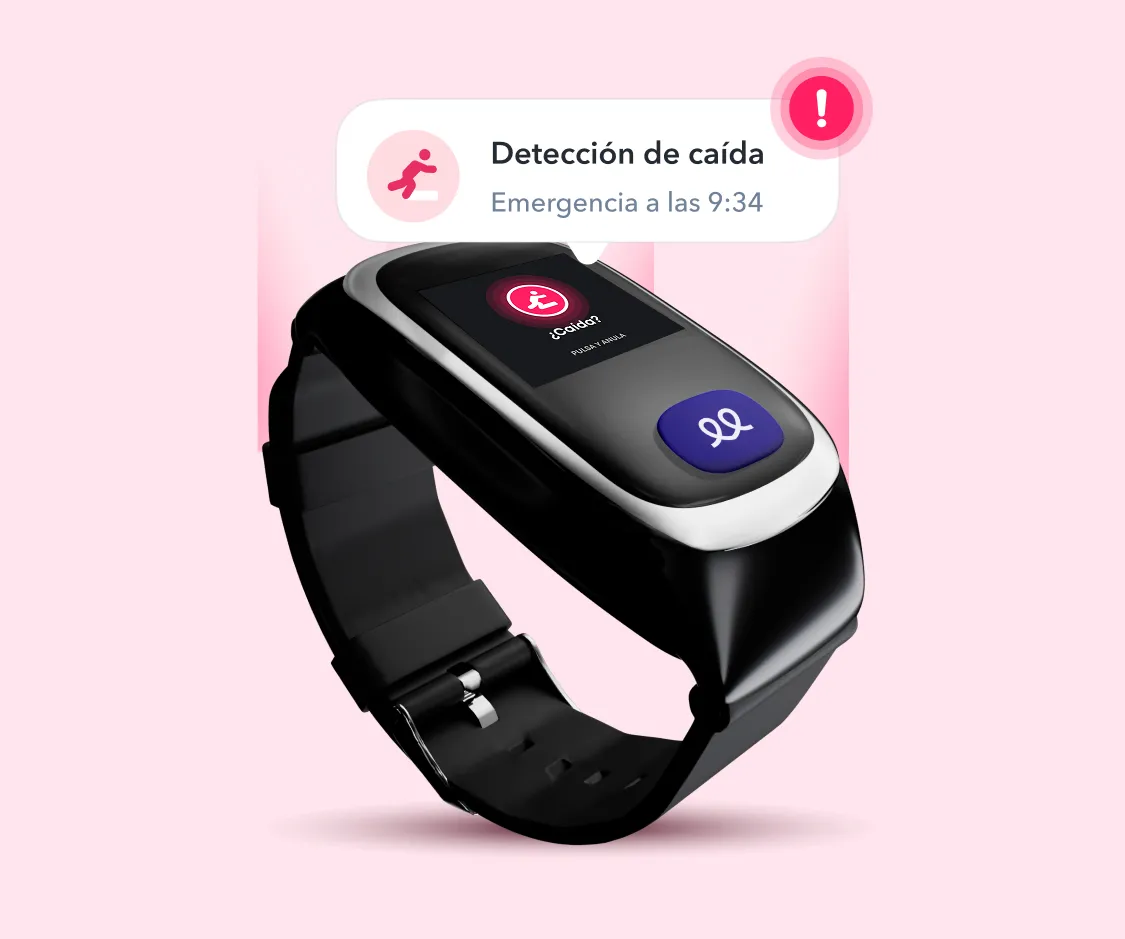 Representación gráfica de la función de detección de caídas del reloj Durcal. Se muestra un primer plano del reloj inteligente negro con una burbuja de notificación que confirma la activación automática de una alerta de emergencia tras detectar un impacto.