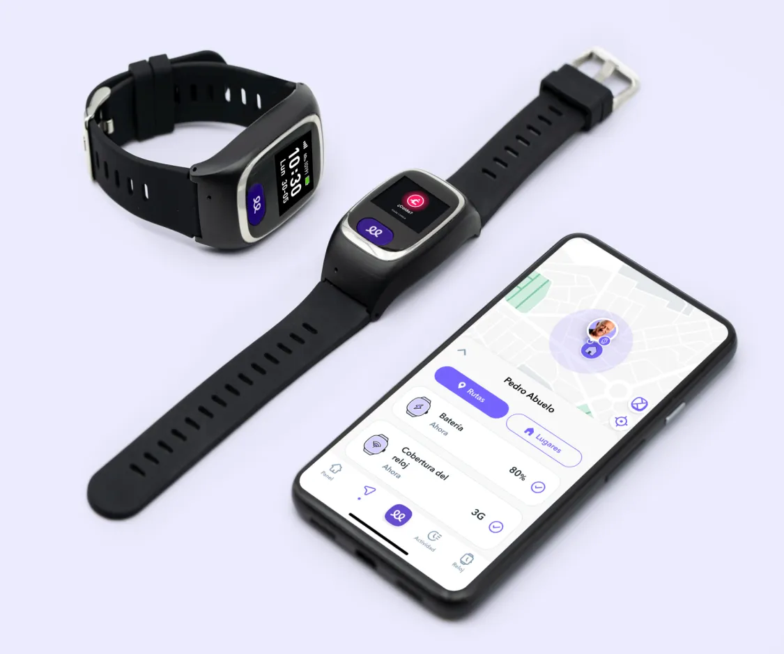 Vista aérea de dos relojes inteligentes Durcal en color negro, uno cerrado y otro con la correa extendida, junto a un teléfono móvil que muestra la aplicación de seguimiento. La app presenta un mapa con la ubicación GPS del usuario y un menú de salud con indicadores de batería y estado de conexión.
