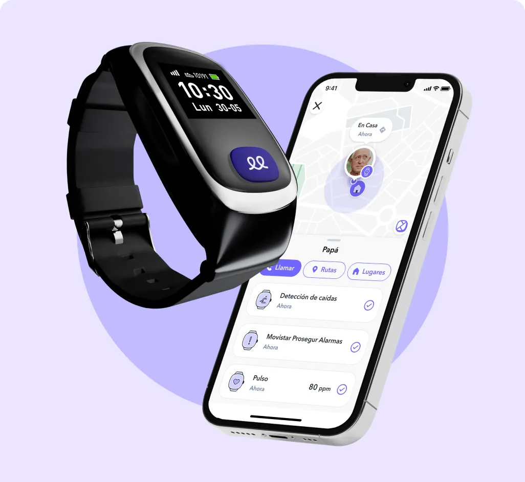 Reloj inteligente Durcal de teleasistencia en color negro junto a un smartphone. La pantalla del reloj muestra la hora y un botón de ayuda azul, mientras que la aplicación móvil de Durcal exhibe el mapa de localización GPS en tiempo real del usuario (
