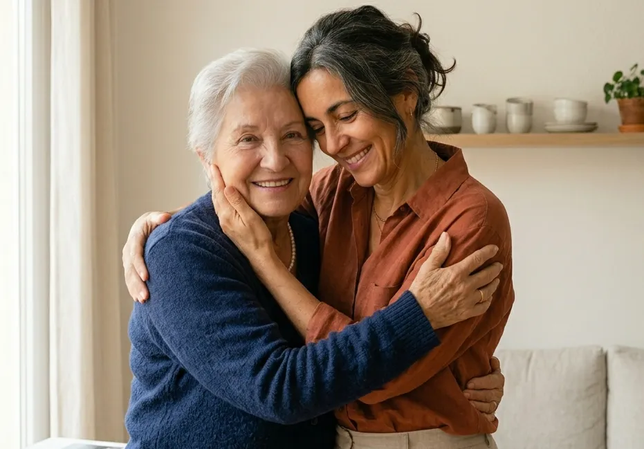 Madre e hija sonriendo juntas con el reloj de teleasistencia Durcal al fondo