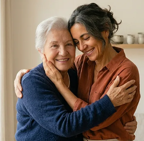 Madre e hija abrazadas sonriendo