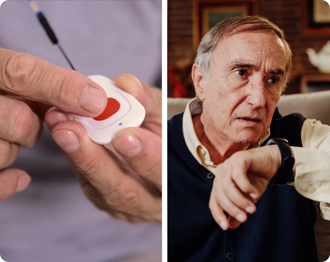 Imagen comparativa compuesta por dos paneles. A la izquierda, un primer plano de unas manos presionando el botón rojo de un colgante de teleasistencia tradicional. A la derecha, un hombre mayor sentado en un sofá mirando con tranquilidad su reloj inteligente Durcal en la muñeca, representando una alternativa moderna y discreta de protección.