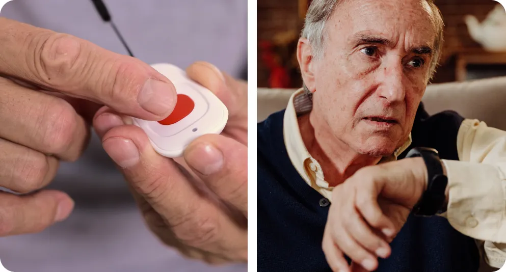 Imagen comparativa compuesta por dos paneles. A la izquierda, un primer plano de unas manos presionando el botón rojo de un colgante de teleasistencia tradicional. A la derecha, un hombre mayor sentado en un sofá mirando con tranquilidad su reloj inteligente Durcal en la muñeca, representando una alternativa moderna y discreta de protección.