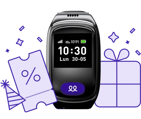 Smartwatch para personas mayores con detector de caídas y botón de emergencia, mostrado como parte de una oferta promocional con un regalo y un cupón.